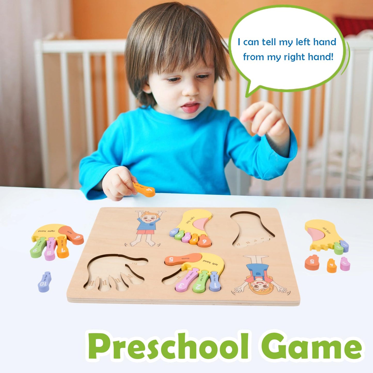 Adena Montessori Number Counting Blocks - Wooden Hands and Feet Shape Toy for Kids, Sorting & Counting Math for Home Classroom, Learn Numbers & Left and Right with Safe Wooden Blocks for Toddlers 3-4