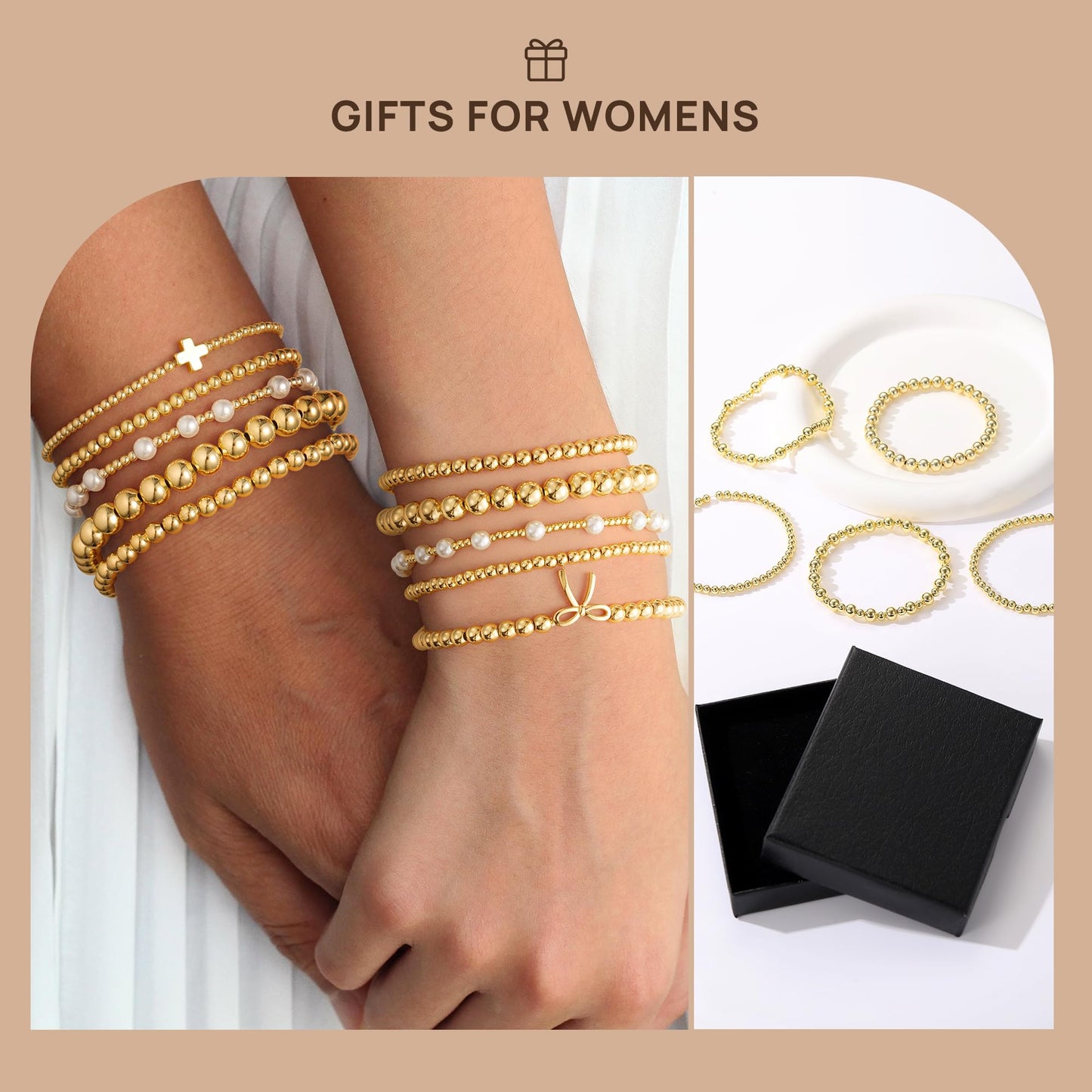 Yoosteel 14K Gold Plated Beaded Bracelet Set for Women, Dainty Bow & Pearl Stackable Stretch Bracelets, 5 Pcs Jewelry Gift