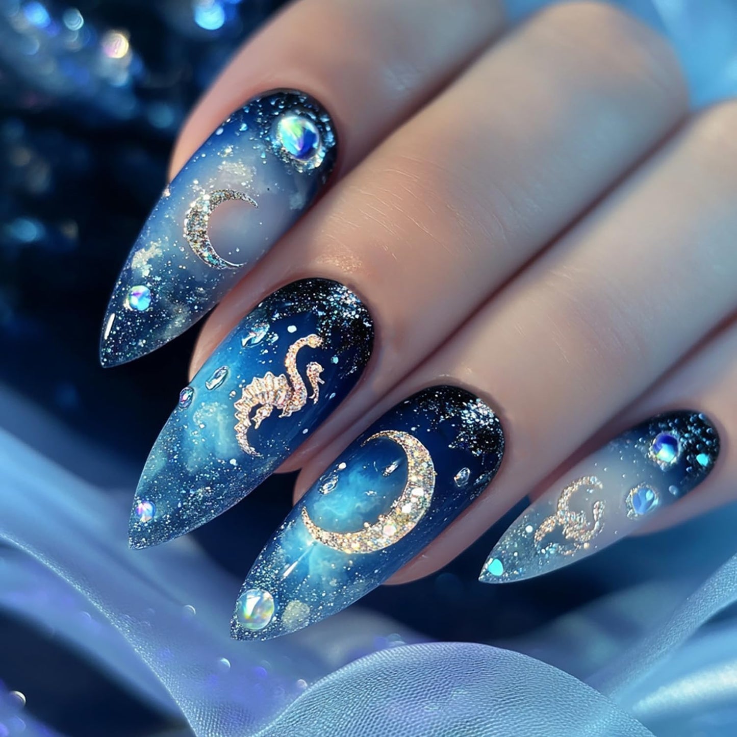 Dark Blue Starry Sky Press on Nails Almond Meduim Moon Planet Pattern Design Full Cover Glossy Acrylic Fake Nail Press Ons Artificial Handmade False Nail Reusable Glue on Nails for Women 24Pcs