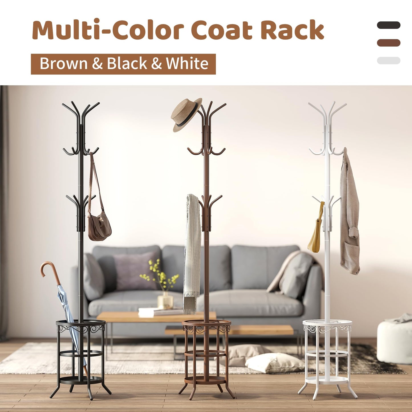 FILWH Coat Rack Freestanding with Umbrella Stand Coat Rack Stand with 12 Hooks Metal Coat Tree Coat and Hat Hanger Jacket Entryway(Black)