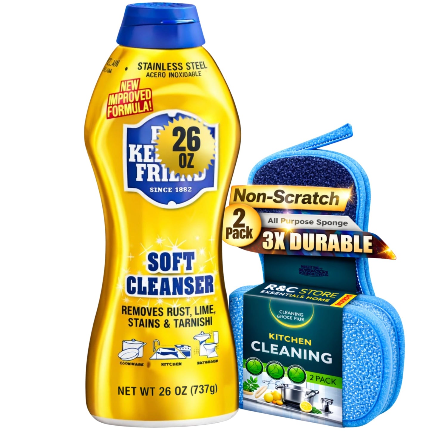Bar_Keeper_Friend Soft Cleanser (26 oz) + 2 Dual-Sided Non-Scratch Scrubbing Sponge | Multipurpose Cleaning Kit for Kitchen, Cookware & Stainless Steel | ULTIMATE CLEANING KIT