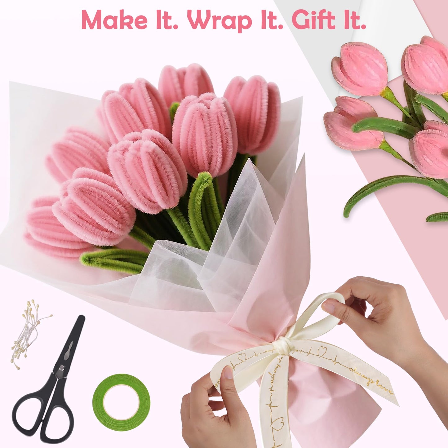 EARLY MINDS 500 Pcs Pipe Cleaners Craft Kit for Flower Making, DIY Bouquet Set with 8mm Chenille Stems, Step-by-Step Tutorial, Floral Wire, Ribbon & Tools for Handmade Gifts and Decor, Pink