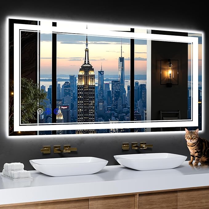 48"x24" LED Bathroom Mirror with Anti-Fog, Stepless Dimmable Lights, 3 Color Modes, Shatter-Proof Tempered Glass, Memory Function & Waterproof Design