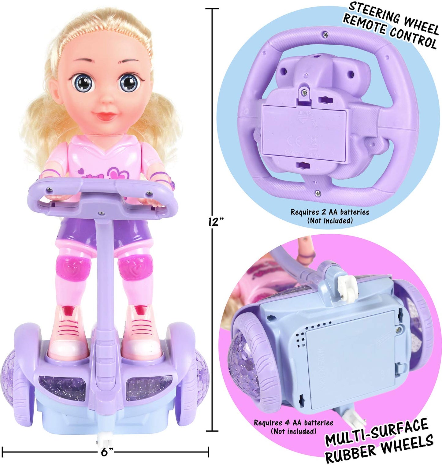 Doll Set with Remote Control Toy Electric Scooter for Kids with LED Lights Music and 360° Rotation