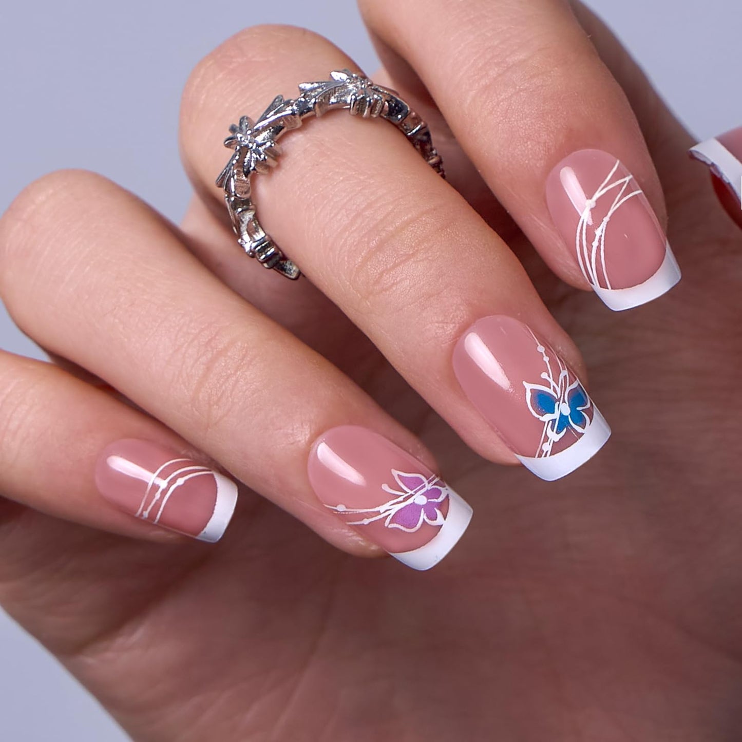 CurvLife Short Press on Nails, 30pcs Acrylic Fake Nails with Design Butterfly Style Full Cover False Nails for Women Reusable Kit with Nail Glue Adhesive Tabs Nail File