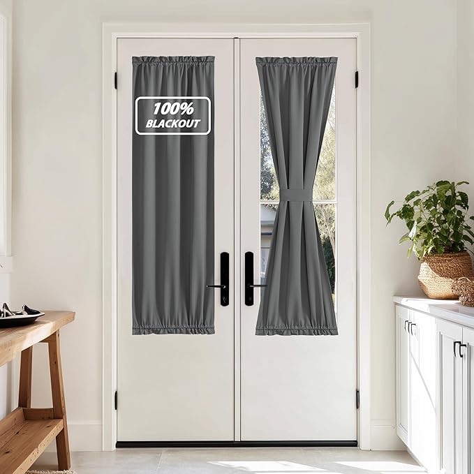 NICETOWN 100% Blackout Sidelight Door Curtain for French Front Window, Thermal Insulated Door Curtains for Kitchen, Privacy Thermal Insulated Side Window Cover, W25 X L64, Grey, 1 Panel
