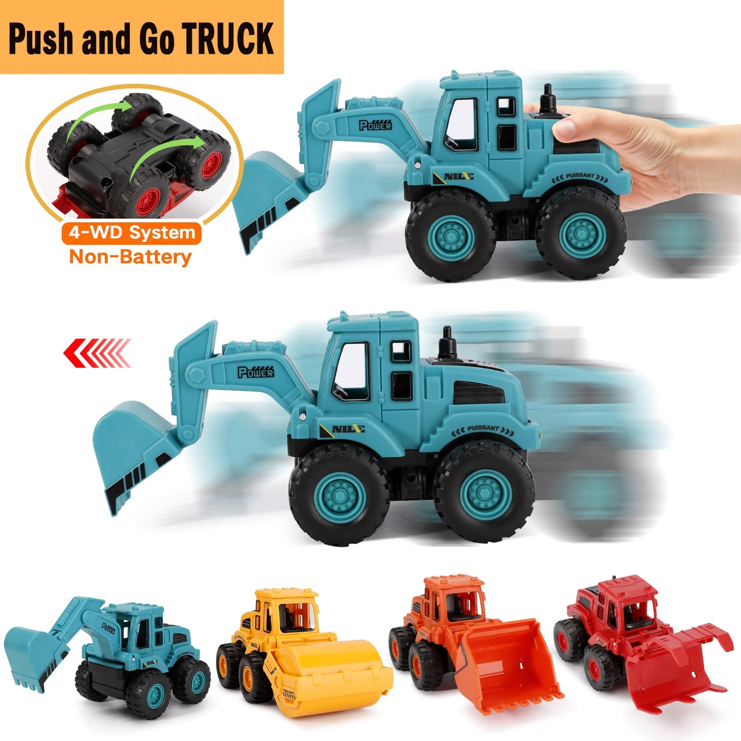 4Pcs Construction Toys,Friction Powered Construction Truck Toys Vehicles,Push and Go Construction Sand Truck Toys,Outdoor Toys with Bulldozer Excavator Roller Truck Gift for 3 4 5 6 7 8 Year Old Boys
