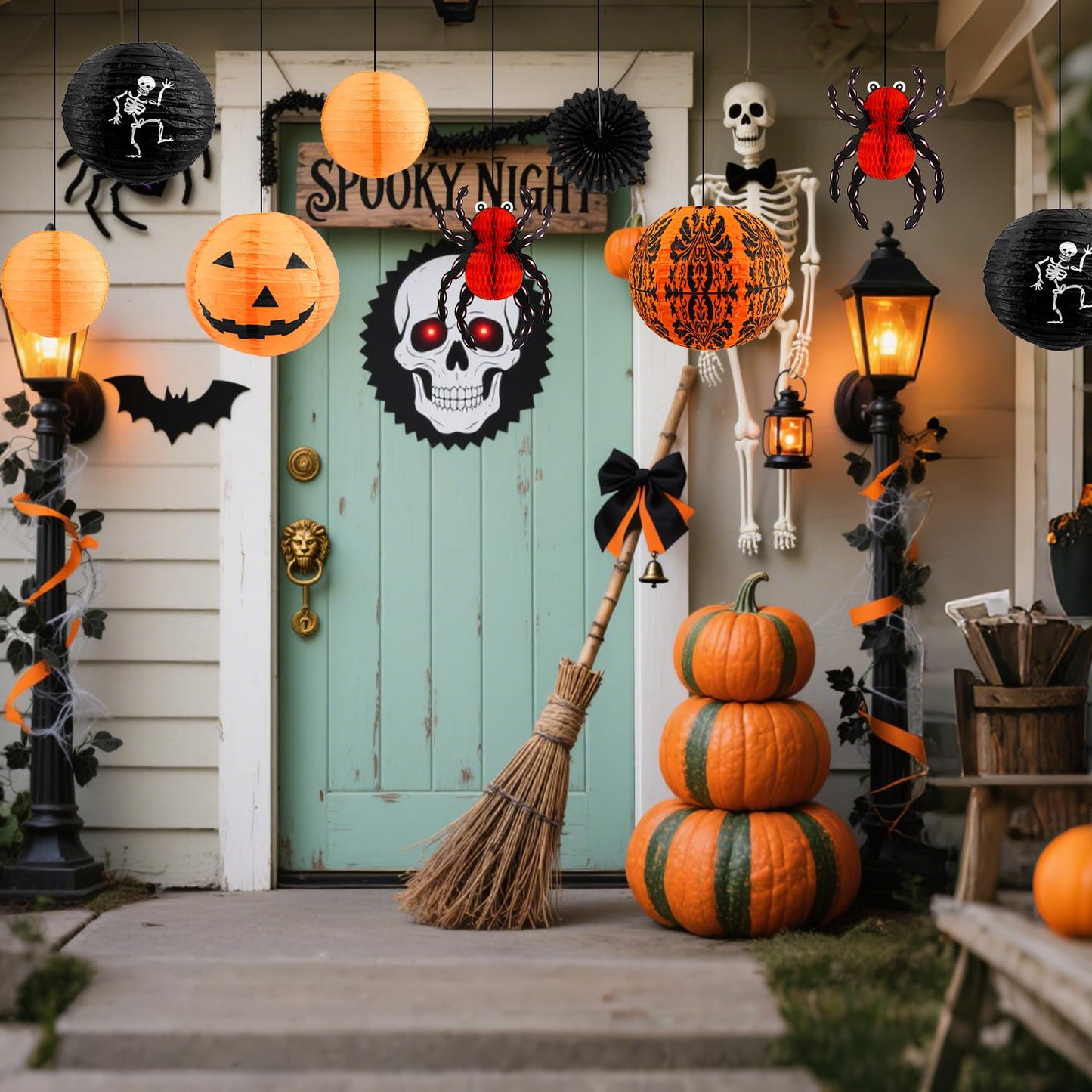 12 Pcs Halloween Hanging Decorations Paper Lanterns, Jack-o'-Lanterns Spider Skeleton Pumpkin for Indoor Outdoor Home Decor, Party Supplies, Yard - 12" & 8"