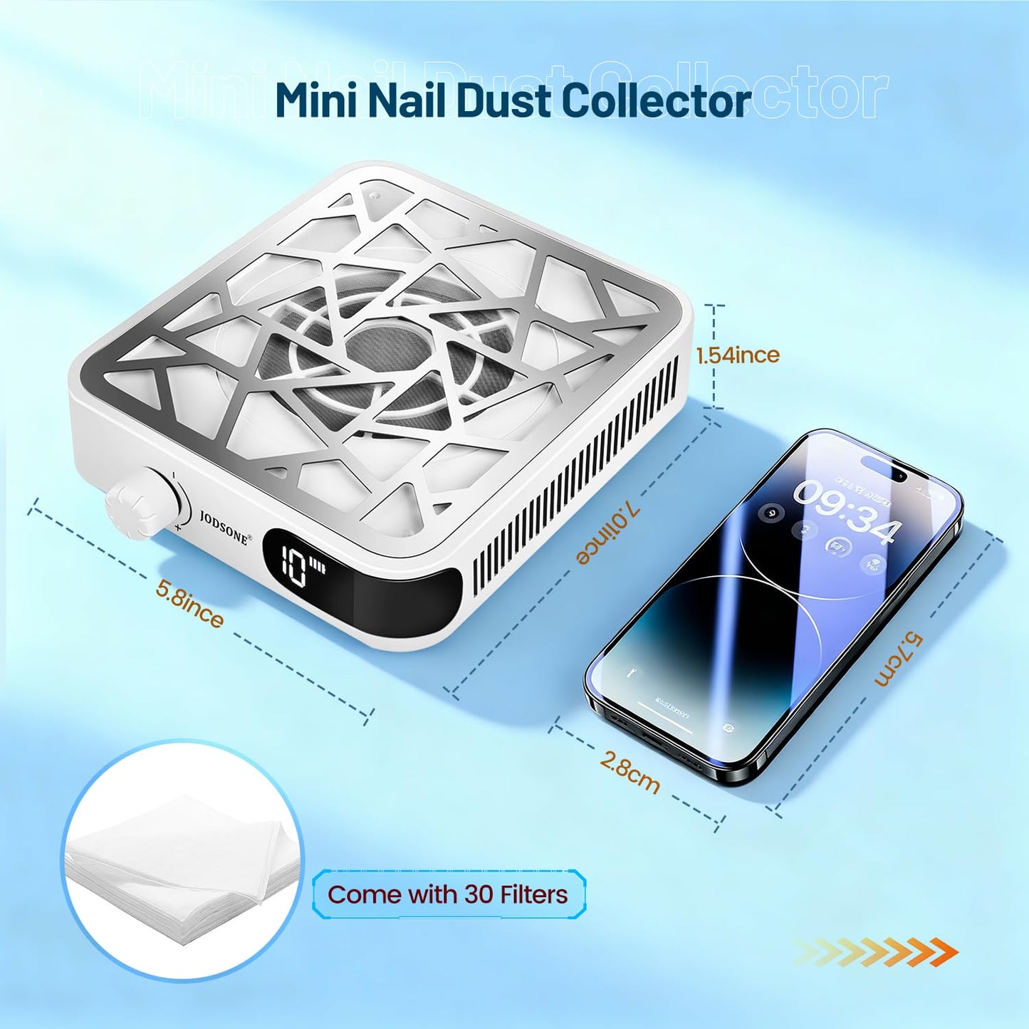 JODSONE Mini 6000RPM Nail Dust Collector with 30 Filters 10-Speed Adjustment Rechargeable Portable Nail Salon Professional Use