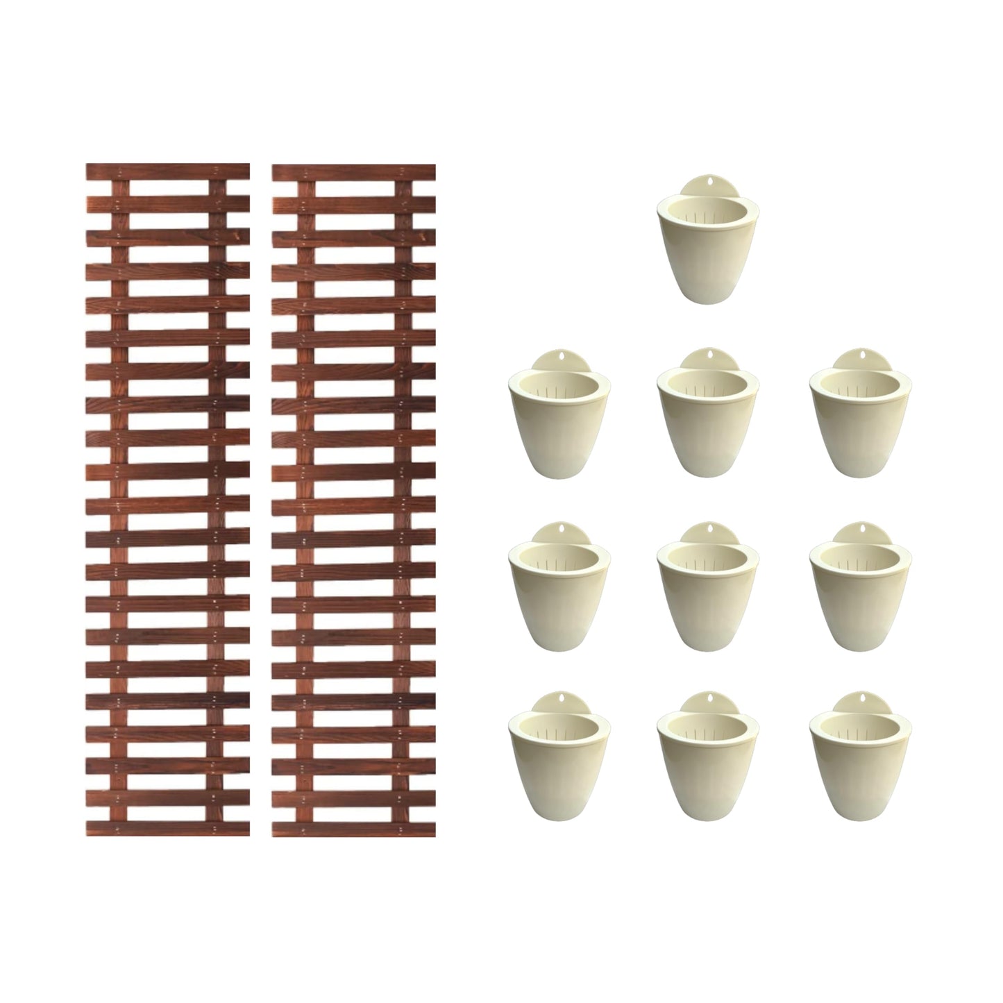 ShopLaLa Bundle - 2 Pack Wooden Wall Planter + 10 Pack, 4 Inch Self Watering Plastic Planters White Plant Holder, Modern Hydroponic Wall Pot Vertical System for Living Plant, Garden