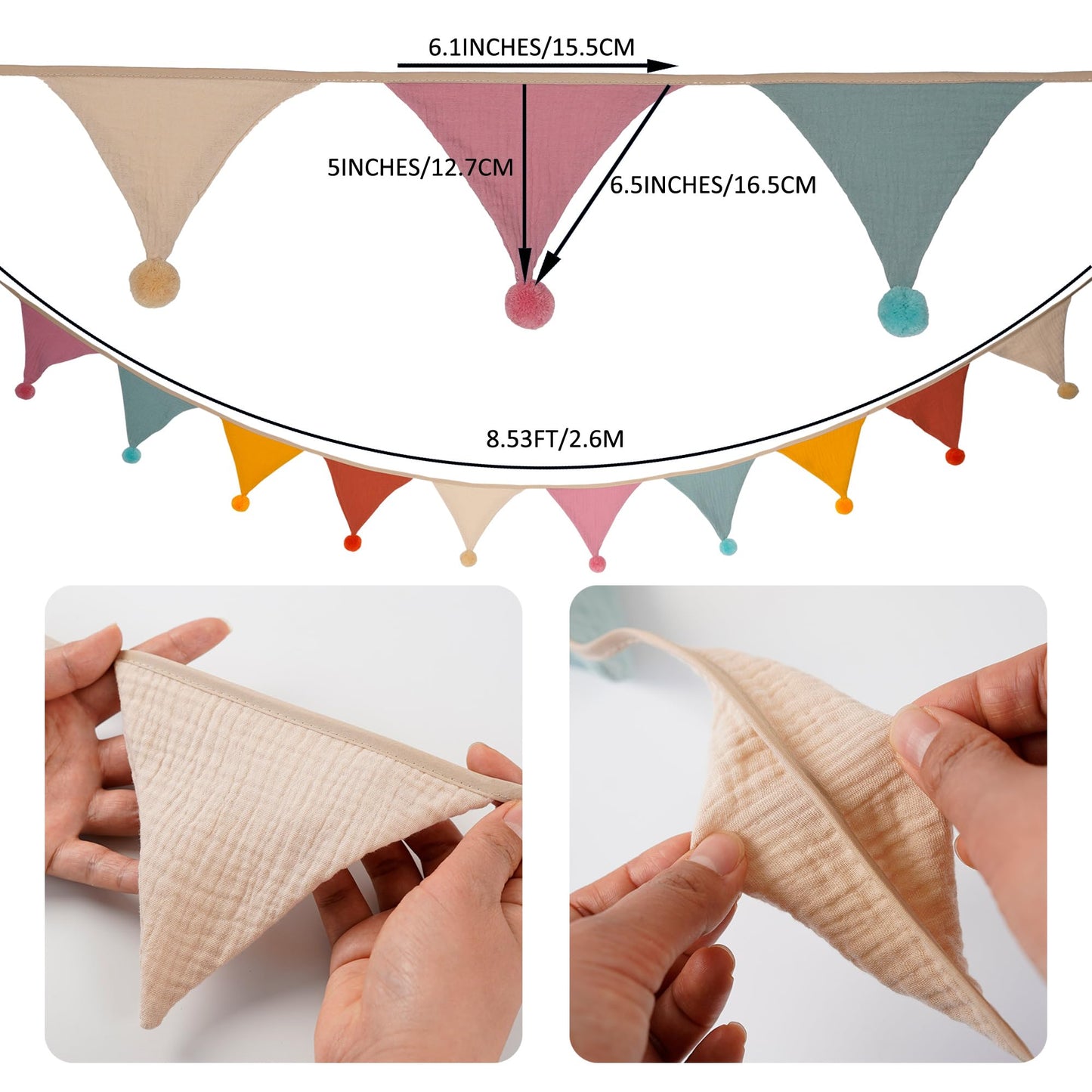 Fabric Bunting Banner, 2 Pack Handmade Neutral String Banner with Felt Ball Each 8.5 ft 10 Flags Nursery Wall Hanging Wedding Birthday Home Baby Shower Party Decoration Bunting (Pink 2 Pack)