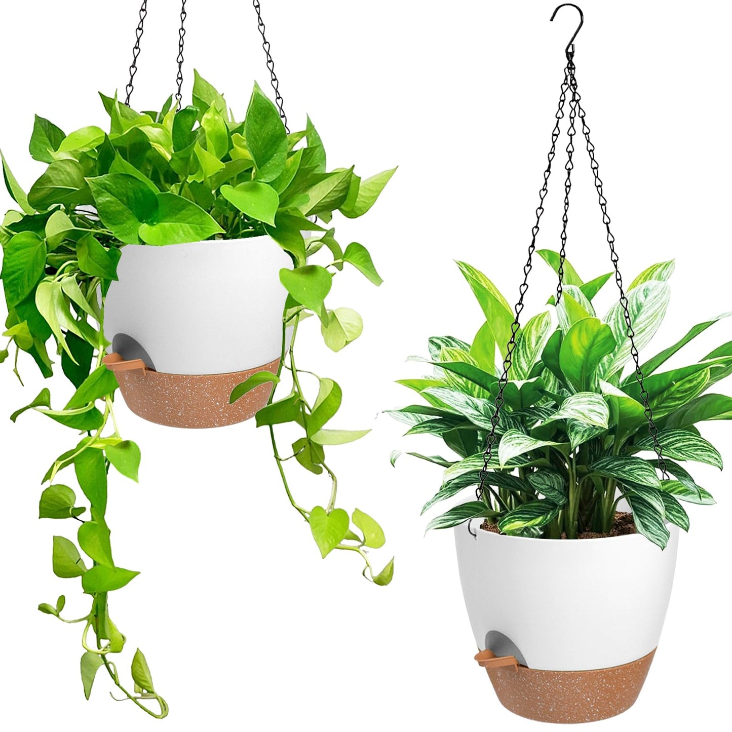 Vanslogreen Hanging Planters for Indoor Outdoor Plants, 2 Pack Self Watering Hanging Pot with Drainage Holes & Removable Tray (White, 6'')