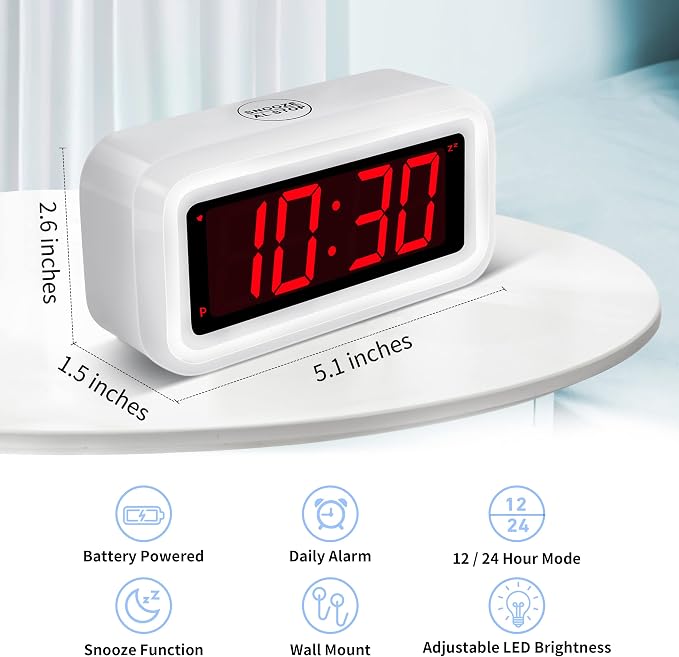 Alarm Clock, Digital Clock, Auto Night-Mode, 3-Level Led Brightness, Battery Powered, 12/24Hr, 1.2'' Red Digits Display, Simple Alarm Clock for Kids Adults Girls Boys, Easy to Set, Easy to Read