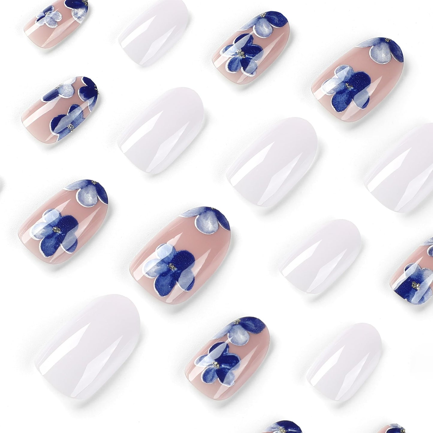 IMSOHOT Press on Nails Oval Short Fake Nails White Blue Flower Round Acrylic False Nails with Designs Full Cover Cute Artificial Nails for Women 24Pcs