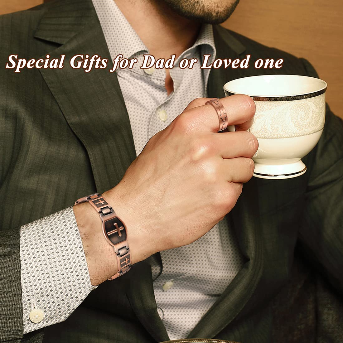 Cigmag Copper Bracelet for Men Double Row Ultra Strength Magnets Pure Copper Magnetic Bracelet & Ring with Adjustable Sizing Tool (Cross)