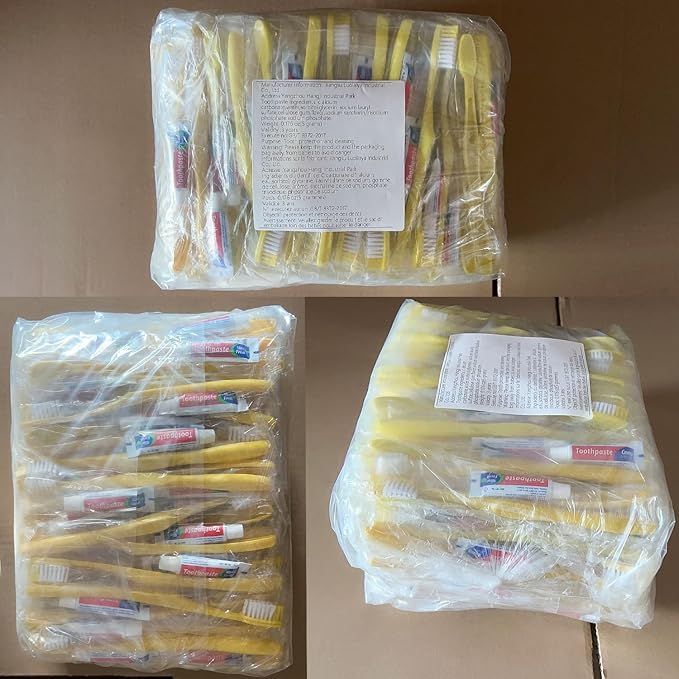 Disposable Toothbrush with Toothpaste Set Pack of 150,Yellow Hollow Individually Wrapped Manual Travel Toothbrush Kit in Bulk Toiletries for Adults,Kids,Hotel,Homeless,Nursing Home,Charity