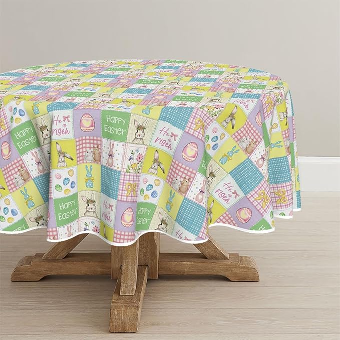 Horaldaily Easter Tablecloth 70×70 Inch Round, Plaid Bunny Rabbits Easter Egg Anemone Bowknot Colorful Washable Seasonal Table Cover for Party Picnic Dinner Decor