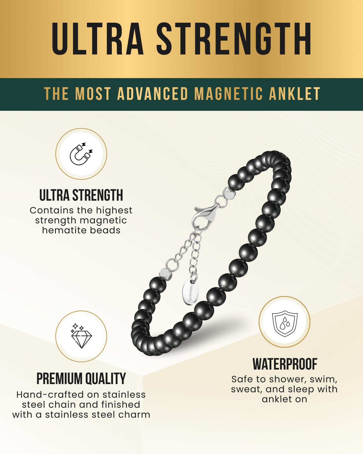 MagnetRX Hematite Magnetic Anklet Ultra Strength Hematite Stones Elegant Black Beaded Anklets for Women and Men (6mm Round Beads)