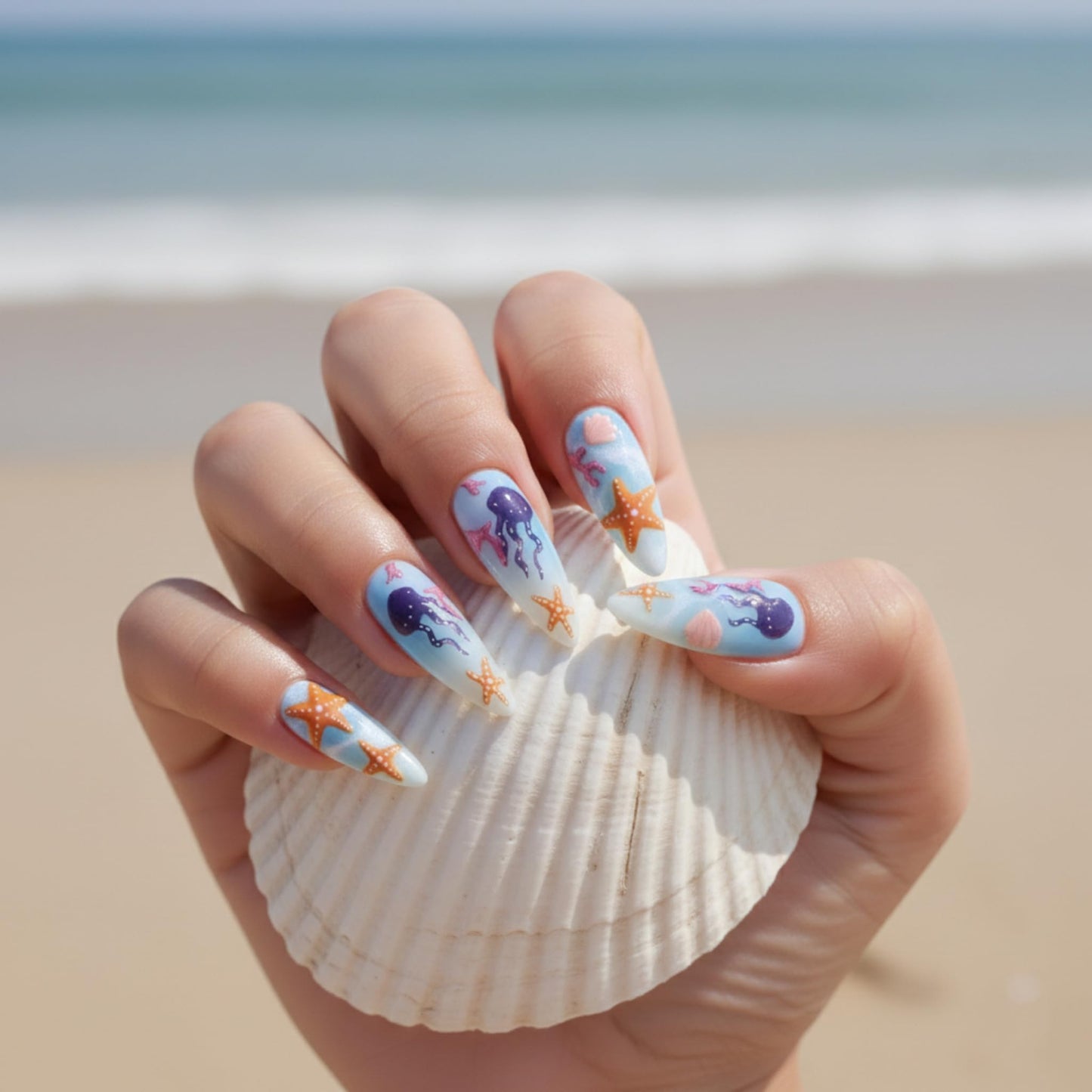 Long Press on Nails Almond Fake Nails Blue Artificial Nail Seeneey Summer Beach Stick on Nail for Women 24pcs