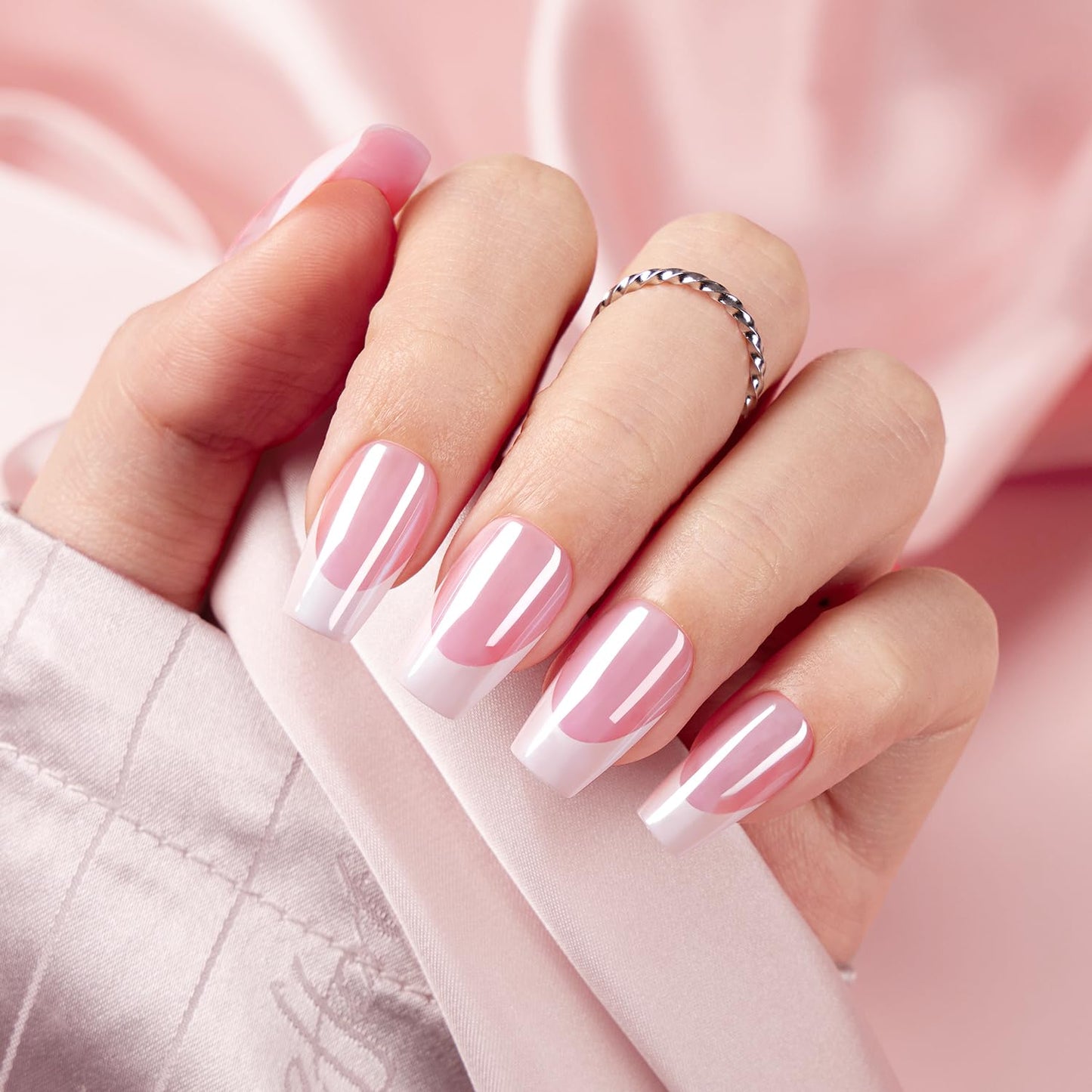 VSALON Press on Nails Short Coffin - Pink French Tips Glazed Chrome Fake Nails Kit, Long-Lasting & Reusable Opaque Soft Gel Spring Nails with Glue & Cuticle Oil