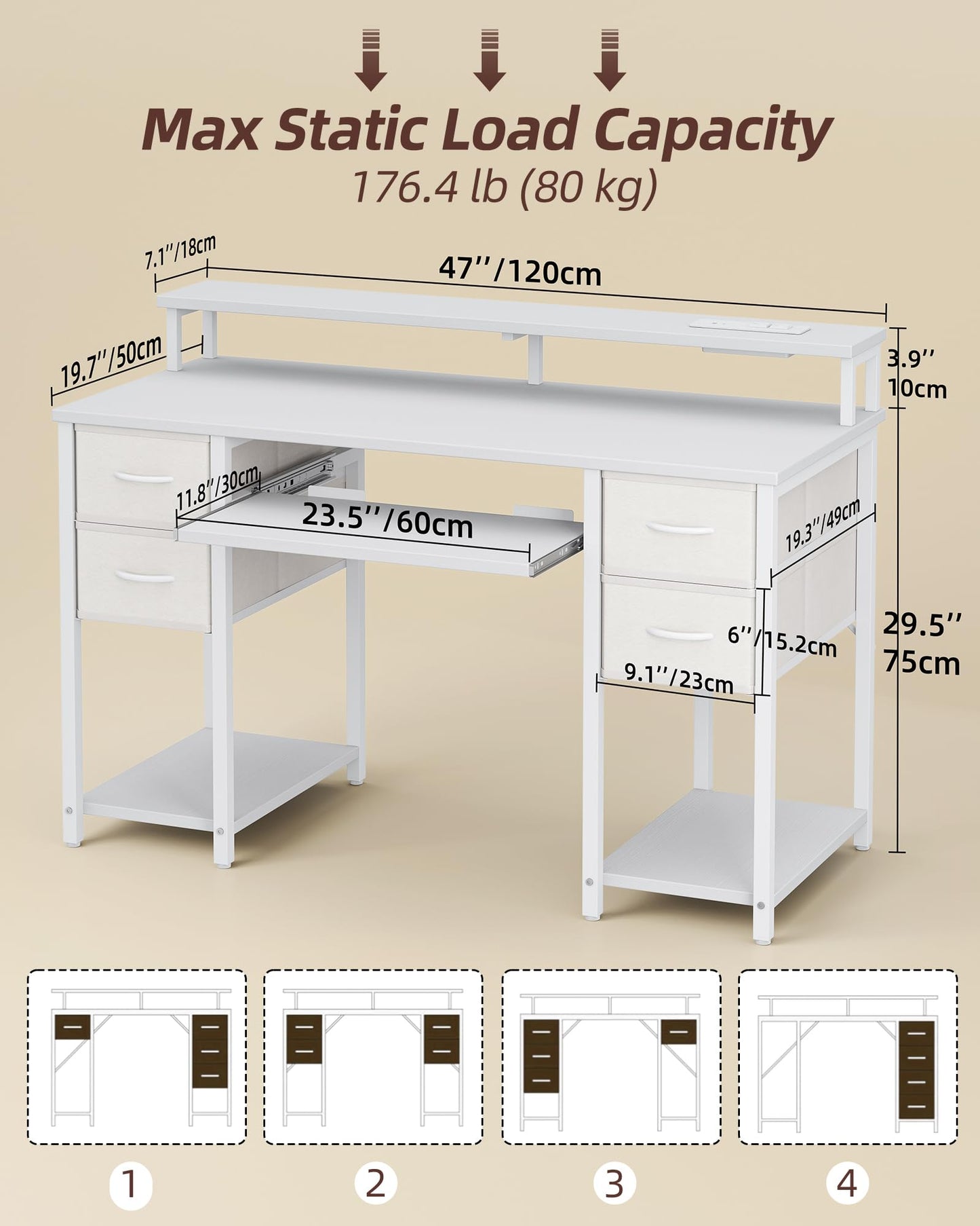 TIQLAB Computer Desk with Drawers and Power Outlets, 47 Inch Gaming Desk with LED Lights, Home Office Desk with Monitor Stand and Keyboard Tray, Study Writing Work Desk for Home Office, White