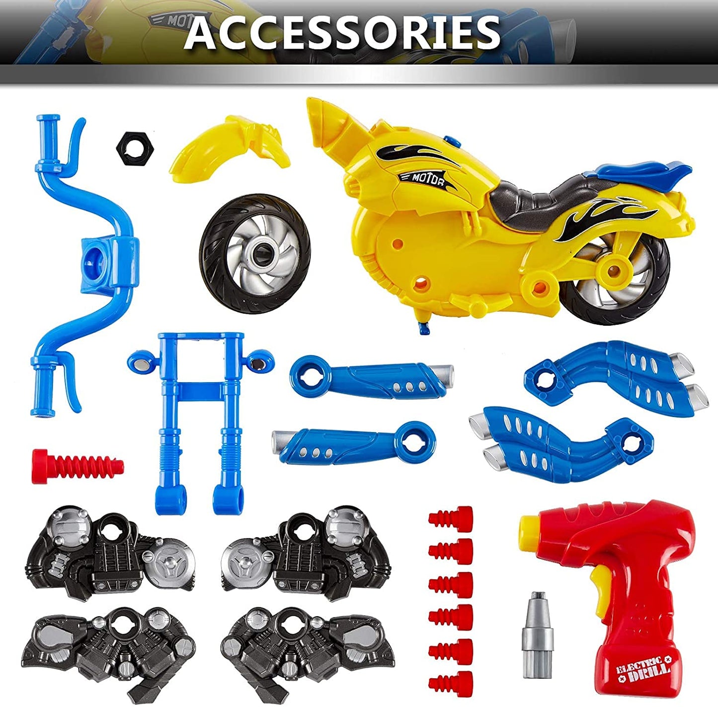 Take Apart Toy Vehicles with Electric Power Drill, Sounds & Lights – Build Your Own STEM Construction Kits for Kids Ages 3-5 (Motorcycle)
