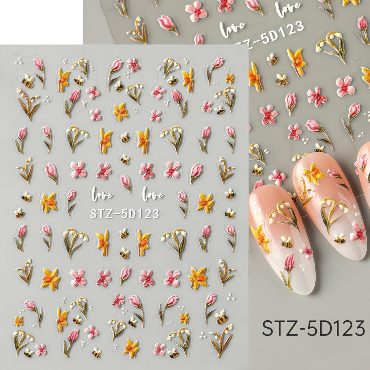 3 Sheets Flower Nail Art Stickers Decals 5D Self-Adhesive Nail Decals Spring/Summer Pink Peach Blossom Designs, Self-Adhesive Decals for Women's Nail DIY Decoration