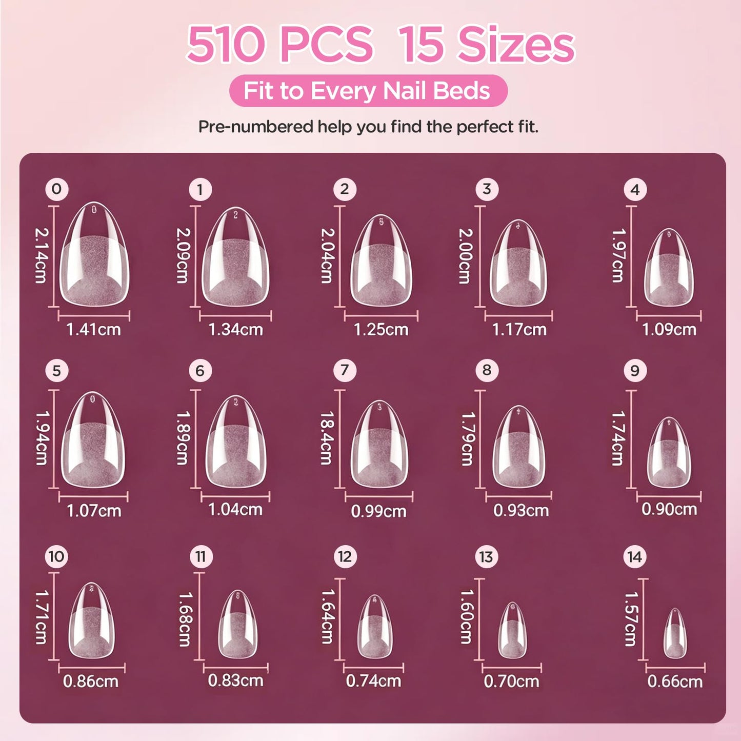 LOVEALERT Press on Nails Short Almond Shape – 510Pcs Soft Gel Nail Tips Full Cover False Nails for DIY Manicure at Home, 15 Size Pre-Shaped Acrylic Press On Nails Soak Off Easy Nail Extensions