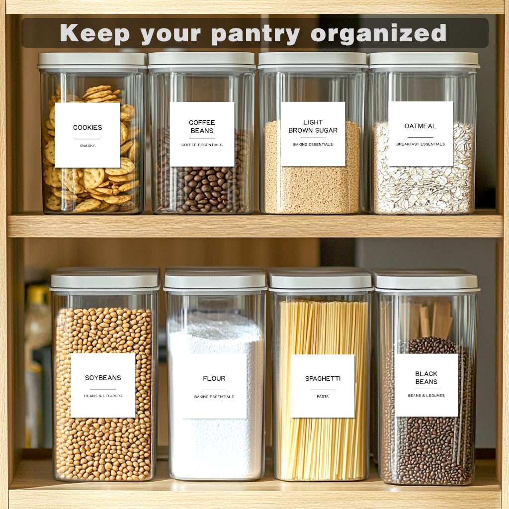 Kuocodall 288 Pantry Labels for Food Containers, Preprinted Minimalist Waterproof Stickers for Organizing Storage Bins, Jars and Kitchen