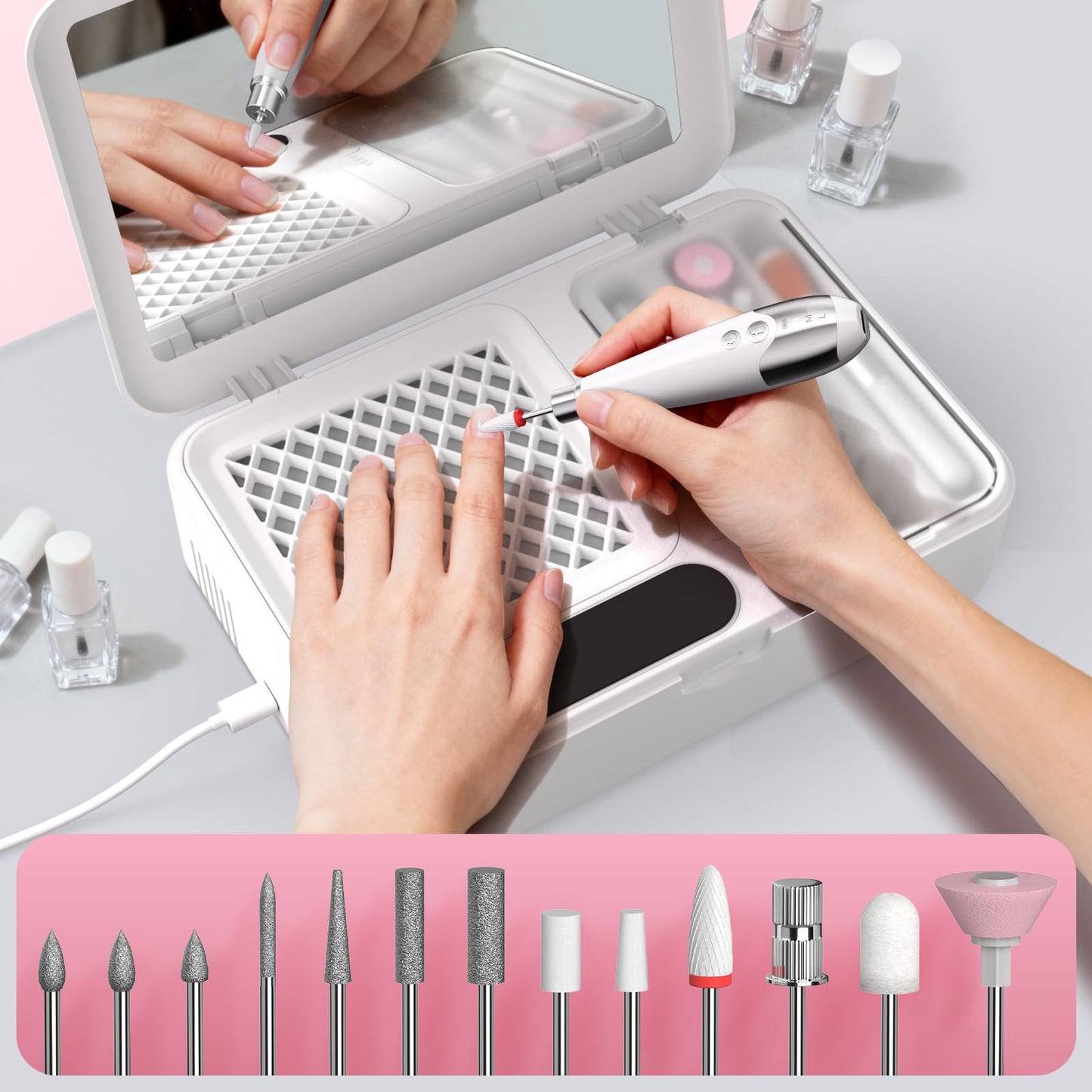 Nail Dust Collector and Cordless Electric Nail Drill File Kit, Professional Portable Manicure Pedicure, 13 Bits, HPro Powerful Dust Suction Machine for Home Salon - White