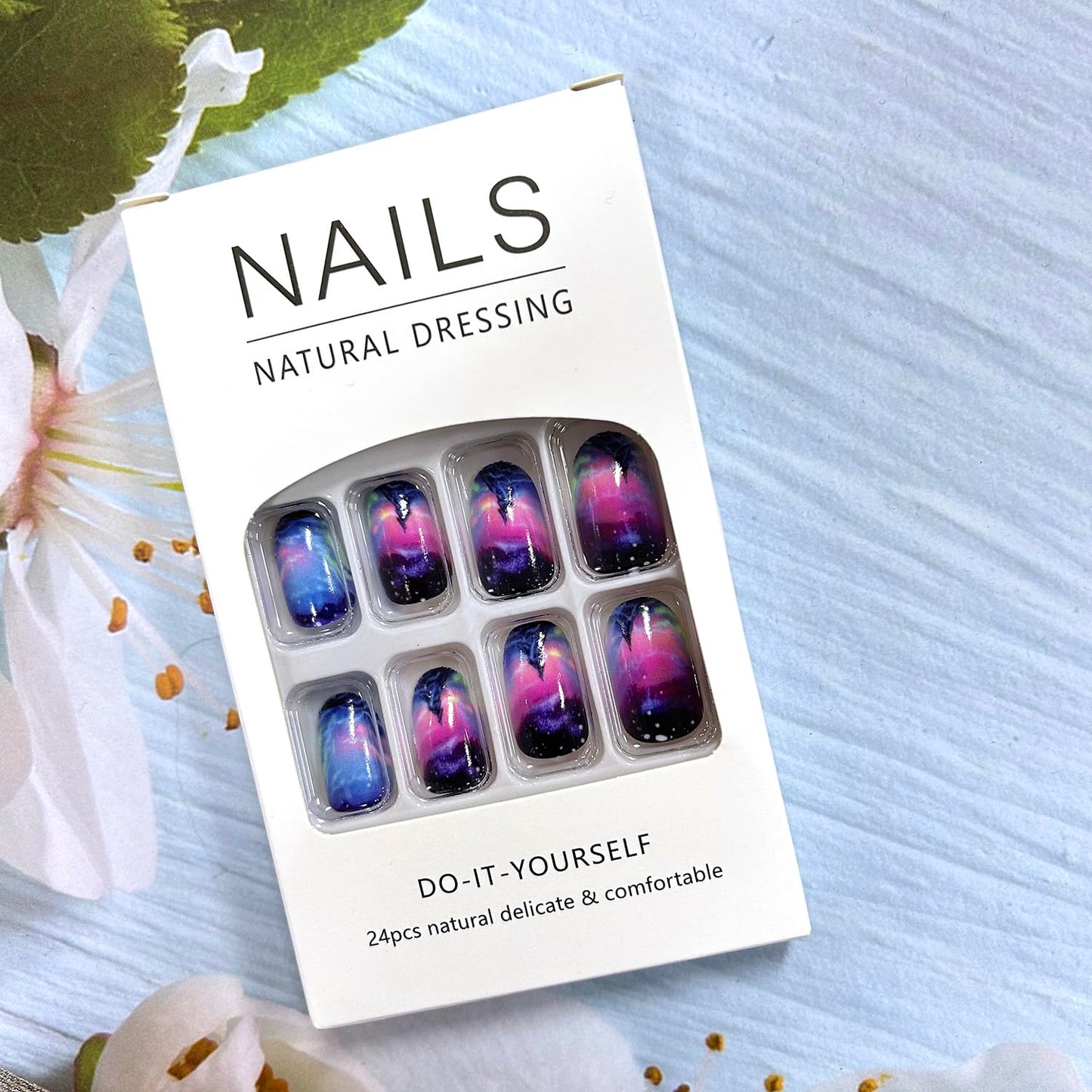 Press On Nails Medium Aurora Mountains, Sea of Clouds Design Oval Shaped False Nails - Artificial Glossy Full Cover Acrylic Coffin Nails - Reusable Glue On DIY Stick On for Women 24Pcs