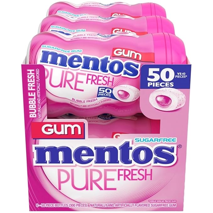 Mentos Pure Fresh Sugar-Free Chewing Gum with Xylitol, Bubble Fresh Flavor, Bubble Gum, 90% Recyclable Curvy Bottle, 50 Pieces per Bottle, 6 Pack