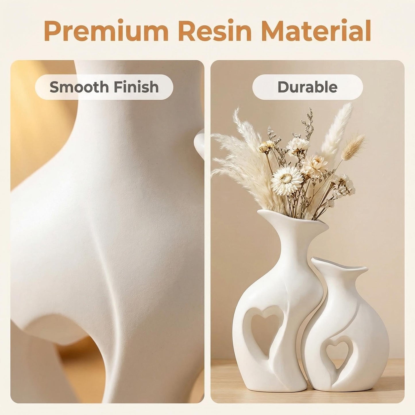 White Heart Vase Set of 2,Modern Vases for Home Console Table Decor for Living Room Coffee Table Fireplace Bookshelf Decorations（3.5" L x 4.4" W x 8.5" H）