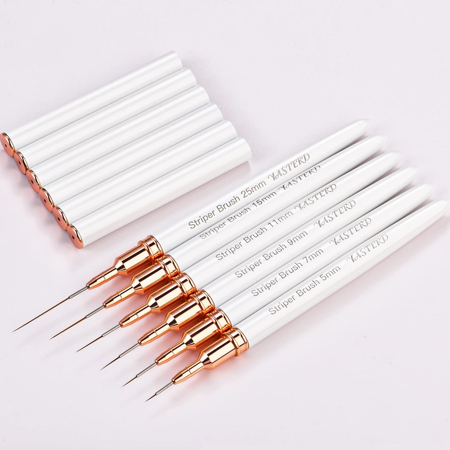 Yasterd 6pcs Striper Brush Set - Long Lines, Thin Details, Elongated Lines, White Metal Handle Nail Brushes for Nail Art - Sizes 5/7/9/11/15/25mm