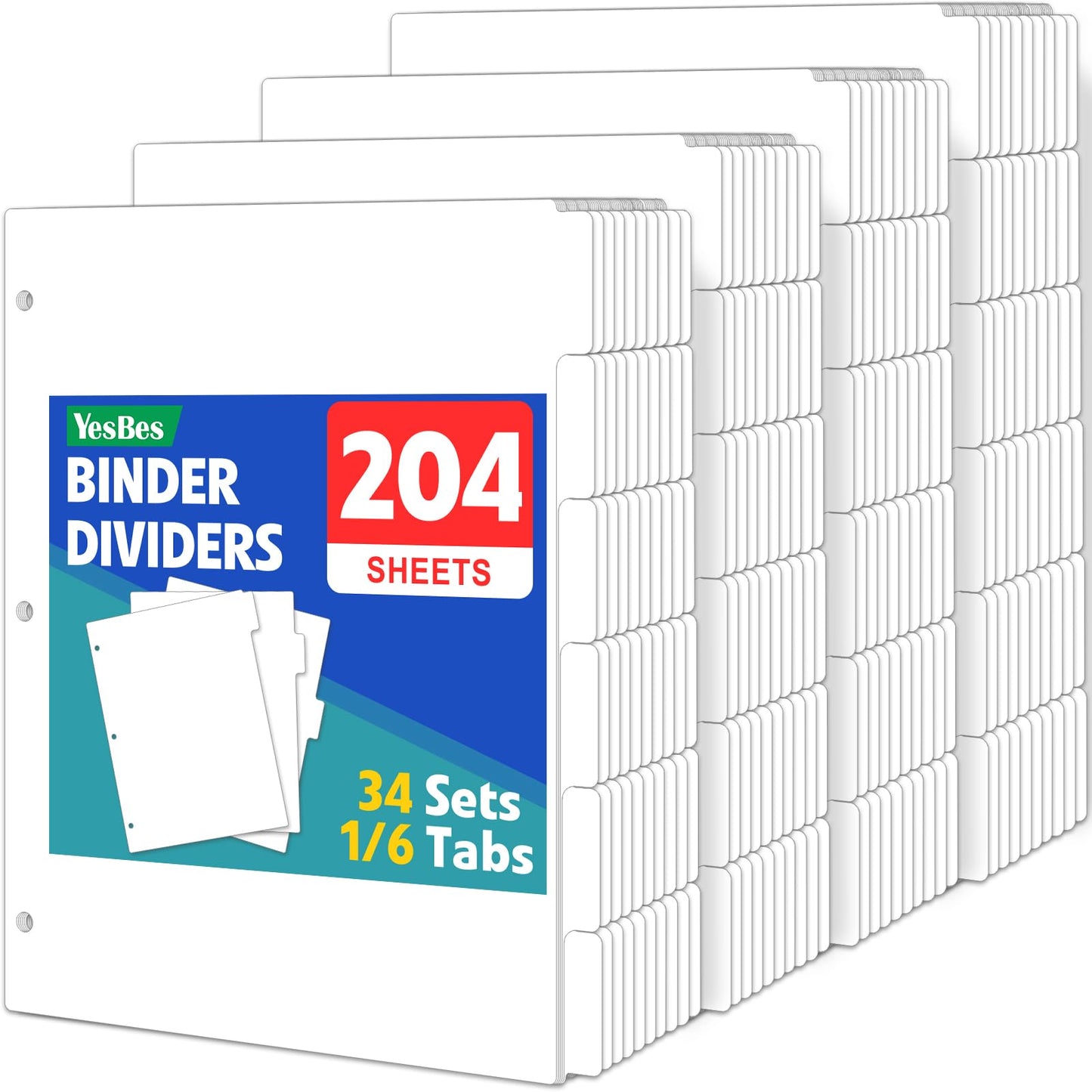 204 Pcs Binder Dividers with Tabs, 1/6 Cut Tabs, Dividers for 3 Ring Binder, Blank Write On Binder Dividers in 6 Tab Sets, Letter Size, 204 Dividers, 34 Sets, White