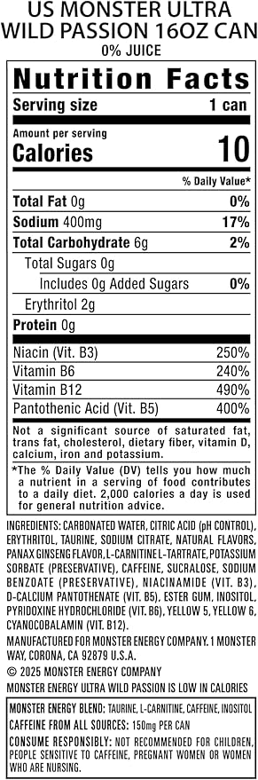 Monster Energy Ultra Wild Passion, Sugar Free Energy Drink, 16 Ounce (Pack of 15)