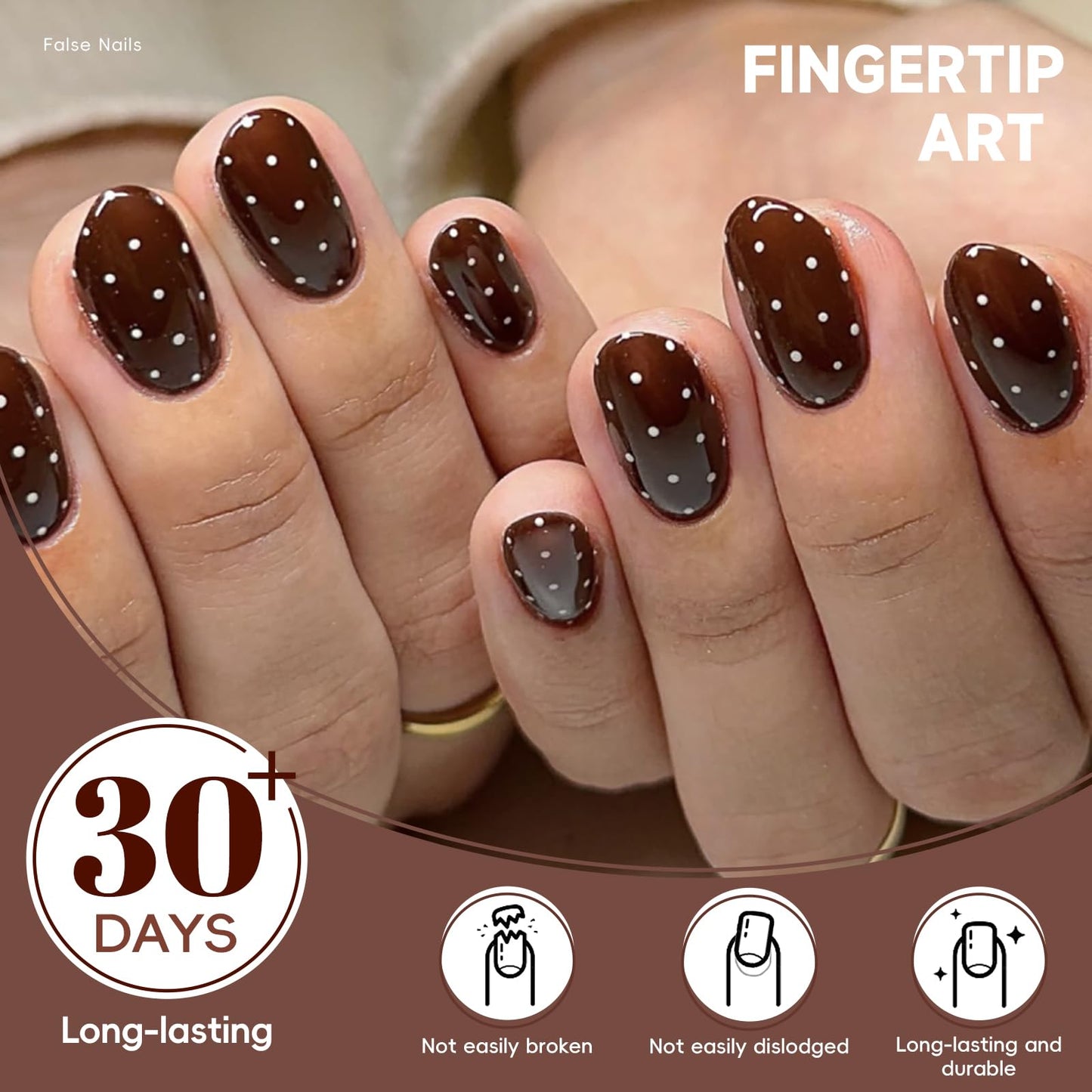 HOSAILY Dark Brown Red Polka Dot Press on Nails Short oval, 24pcs Glossy Fall Winter Glue on Nails, Stick on Nails Press ons for Women