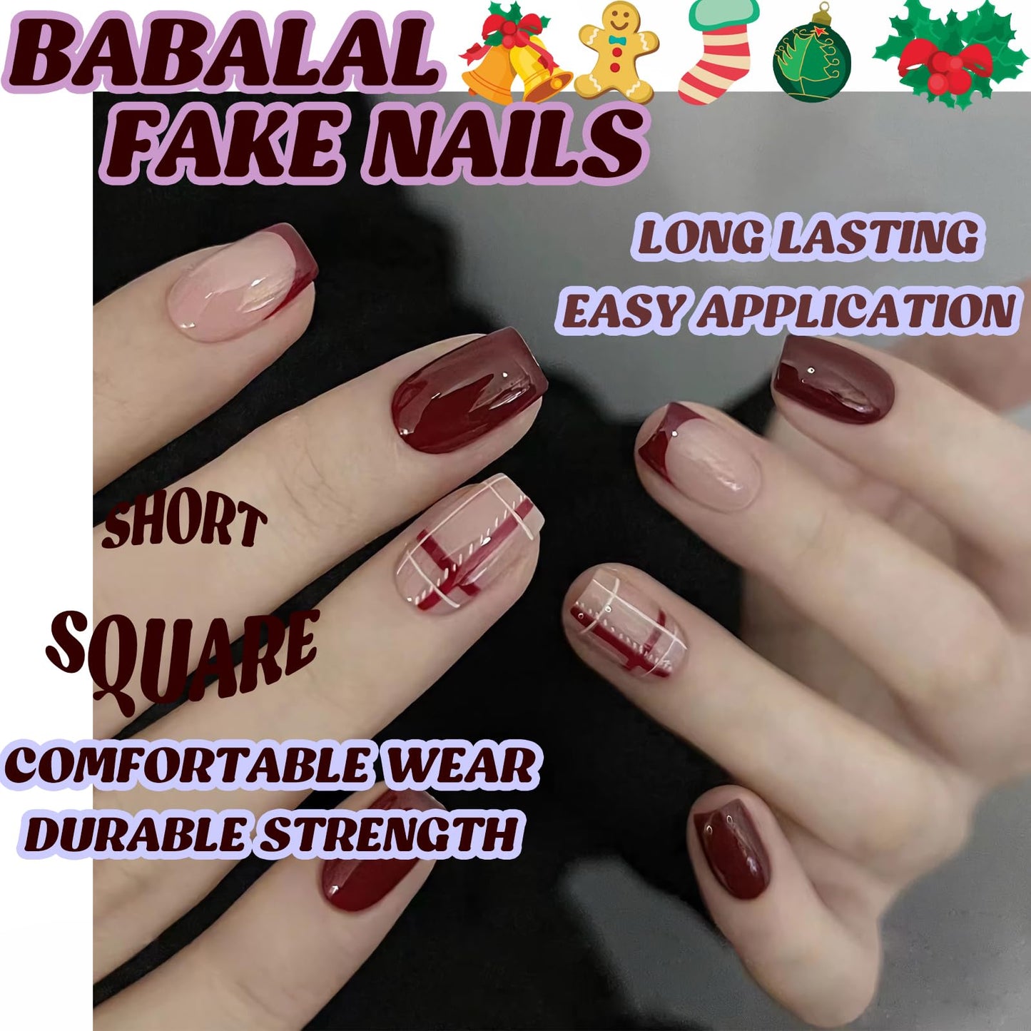 BABALAL Short Square Press on Nails, Red Fake Nails Glue on, French Tip Fall Plaid Design 24Pcs Cute Squoval Manicure Artificial False Nails for Women and Girls