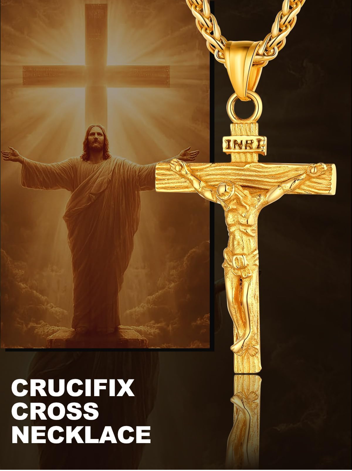 U7 Crucifix Cross Necklace 18K Gold Plated Crucifix Necklace Gold Cross Pendant for Men with Rope Chain 22"
