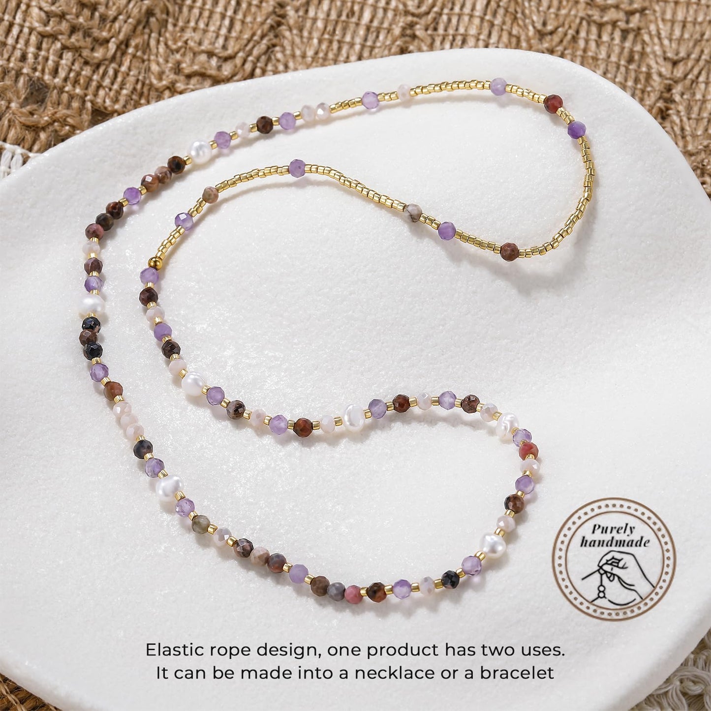 POMODA Beaded Bracelets Stack for Women Small Beaded Stretch Stone Bracelets Stackable Gemstone Crystal Dainty Boho 14K Gold Plated Beads Anklets Necklace Summer Jewelry for Women