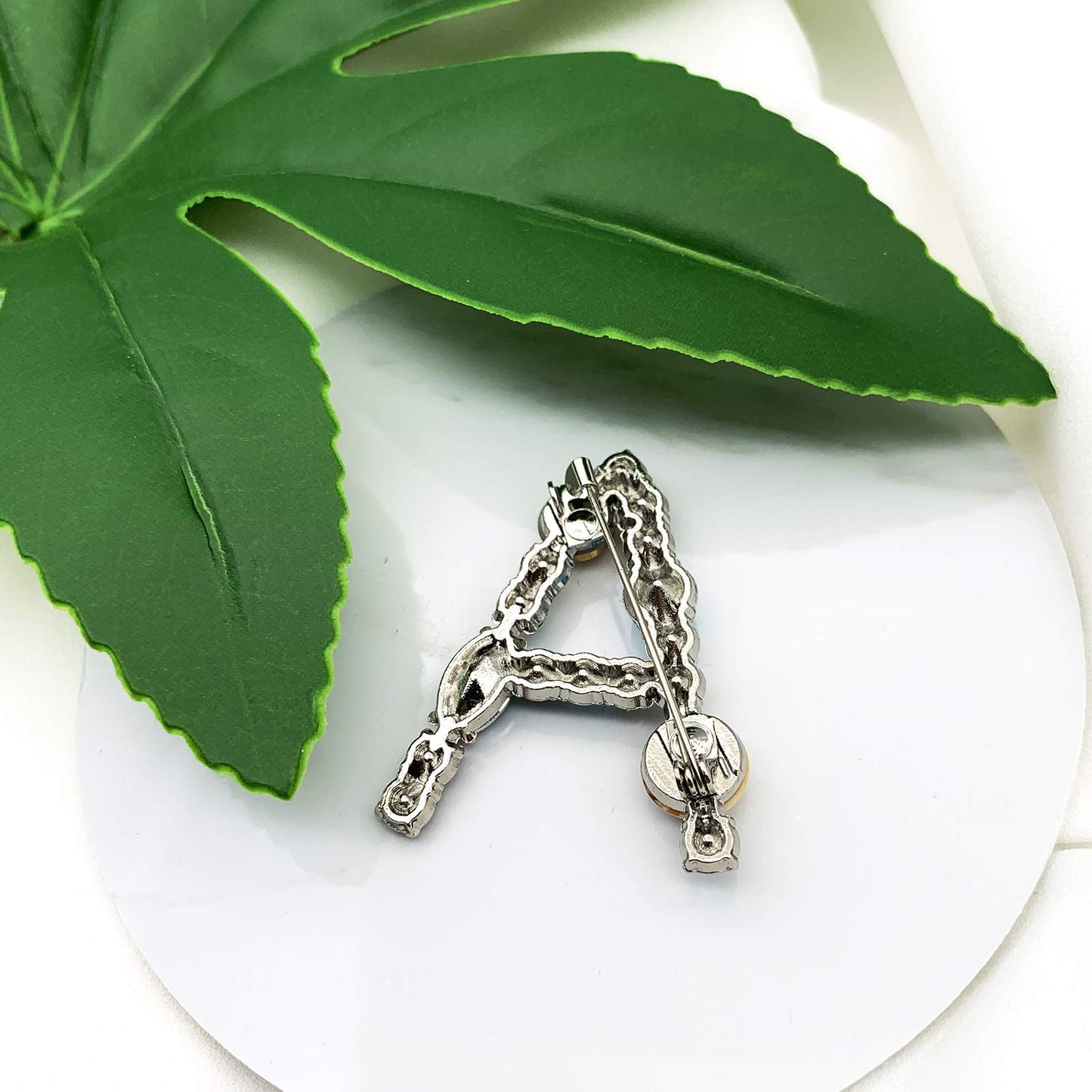 XGALBLA Letters A Plated Metal Stone Clear Colorful Crystal Lapel Pin Brooches Collar(Silver Tone)