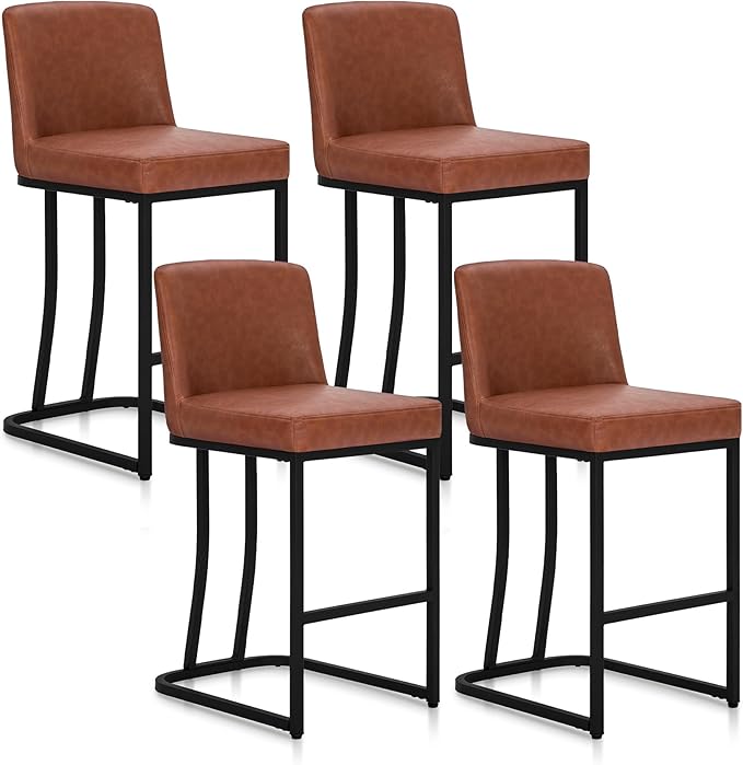 PHI VILLA Brown Bar Stools Set of 4, Faux Leather Counter Height Chairs, Kitchen Stools for Island, 24 Inch Barstools with Back