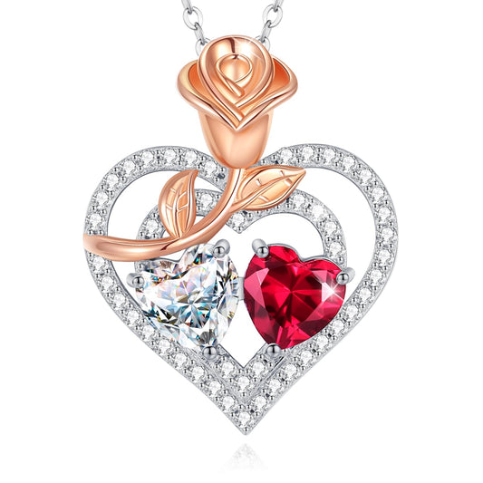 AGVANA April July Birthstone Jewelry CZ Ruby Necklace Sterling Silver Rose Flower Heart Double Birthstone Pendant Necklace Anniversary Birthday Gifts for Women Mom Wife Lady Her