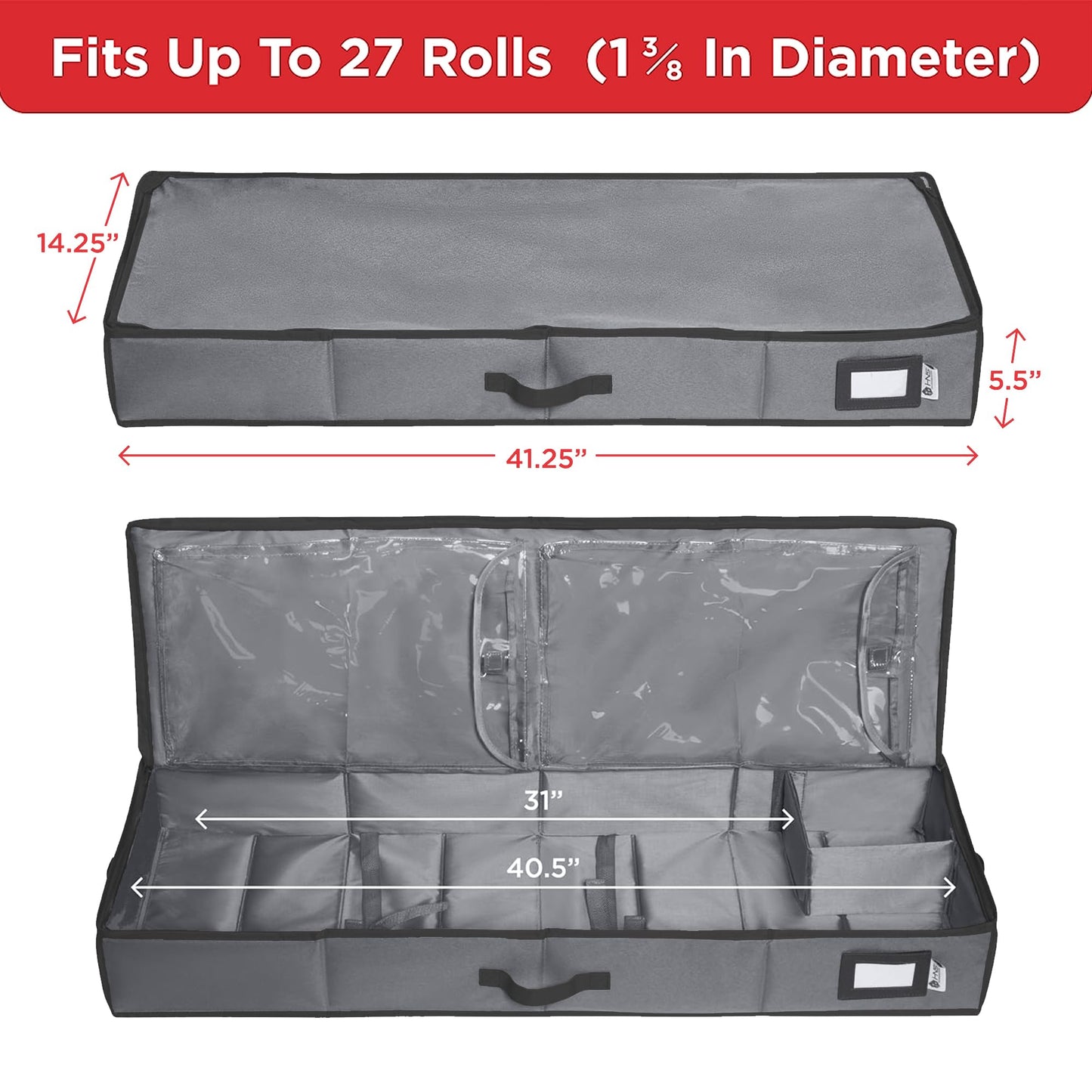 HOLDN’ STORAGE Premium Wrapping Paper Storage Container - Durable 600D Tear-Proof, Fits 27 Rolls Gift Wrap, Extra Pockets for Ribbons & Bows, Underbed Storage - Ideal for Holiday Christmas, Gray