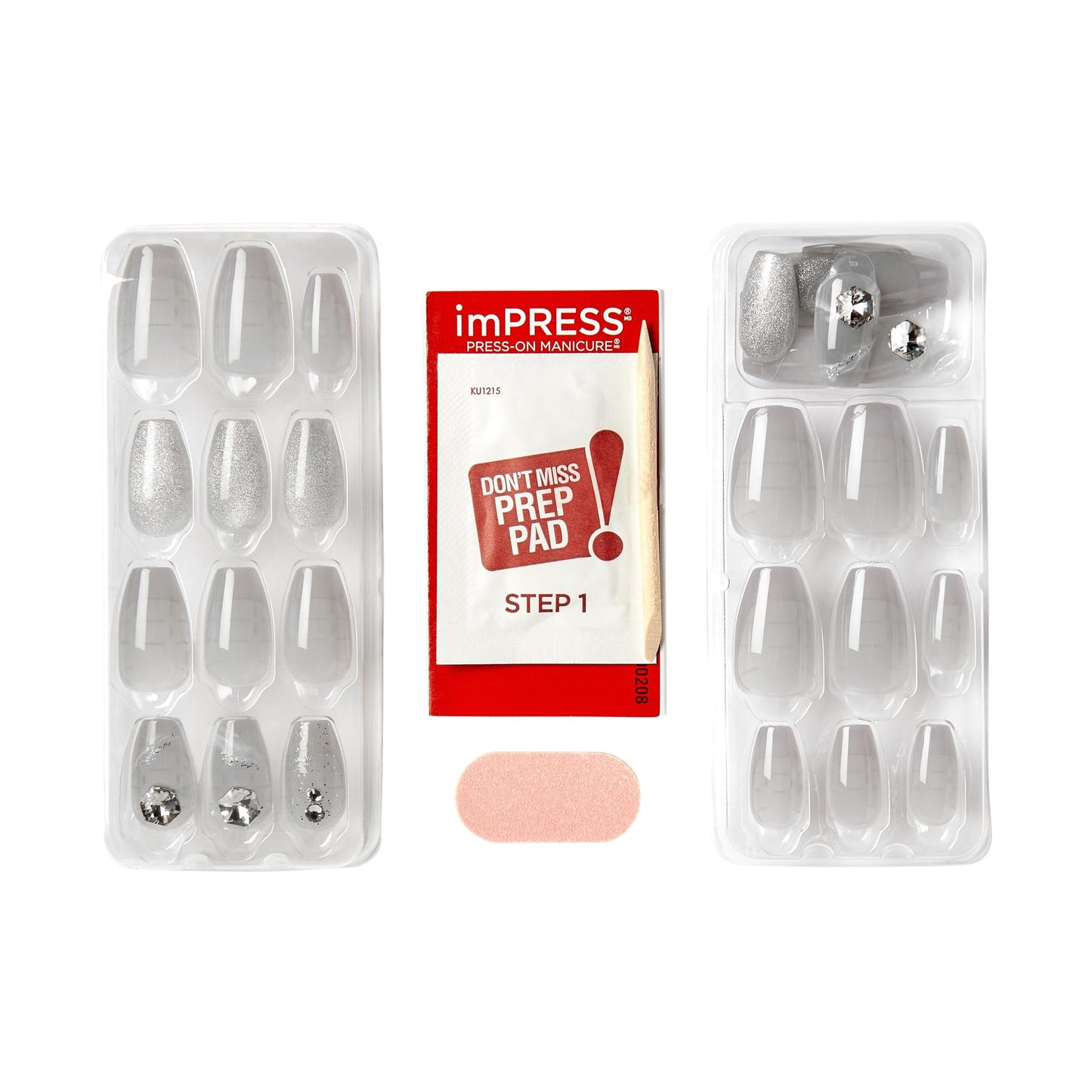 KISS imPRESS Press-On Manicure Premium Collection Fake Nails - Legacy, Gray, V-Cut Stone, Medium & Ballerina/Coffin Shape, Easy To Apply, Super Hold, Chip Proof, Smudge Proof, No Dry Time | 30 Count