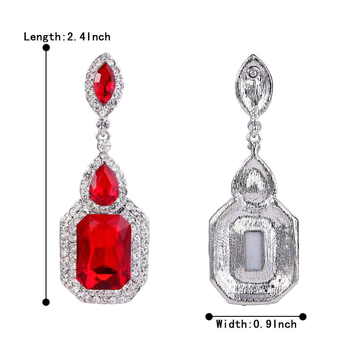 BriLove Women's Wedding Bridal Dangle Earrings Emerald Cut Crystal Infinity Figure 8 Chandelier Jewelry Ruby Color Silver-Tone