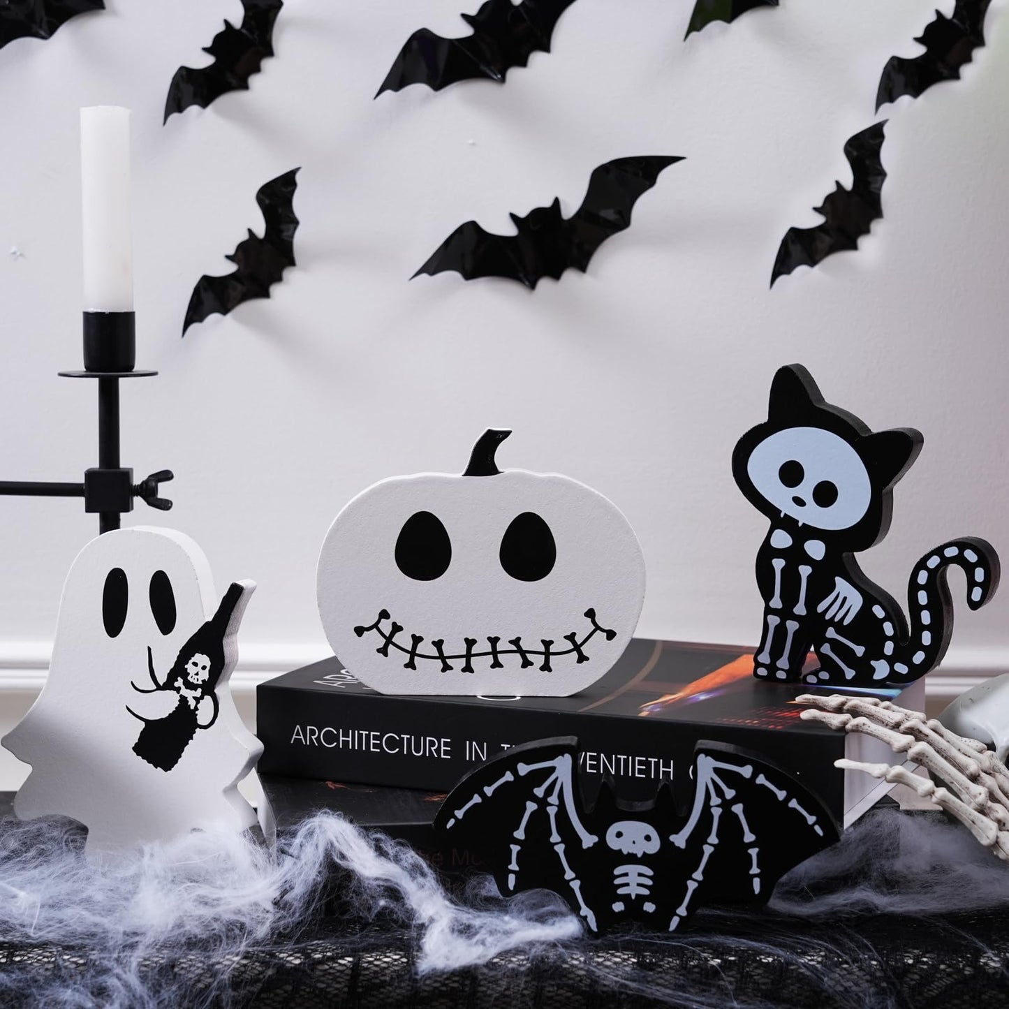 4PCS Halloween Decorations Indoor, Halloween Tiered Tray Decor Table Sign, Halloween Wooden Signs Ghost Bat Pumpkin Cat Blocks Signs, Table Decor Halloween Party Decorations for Mantle Home Shelf