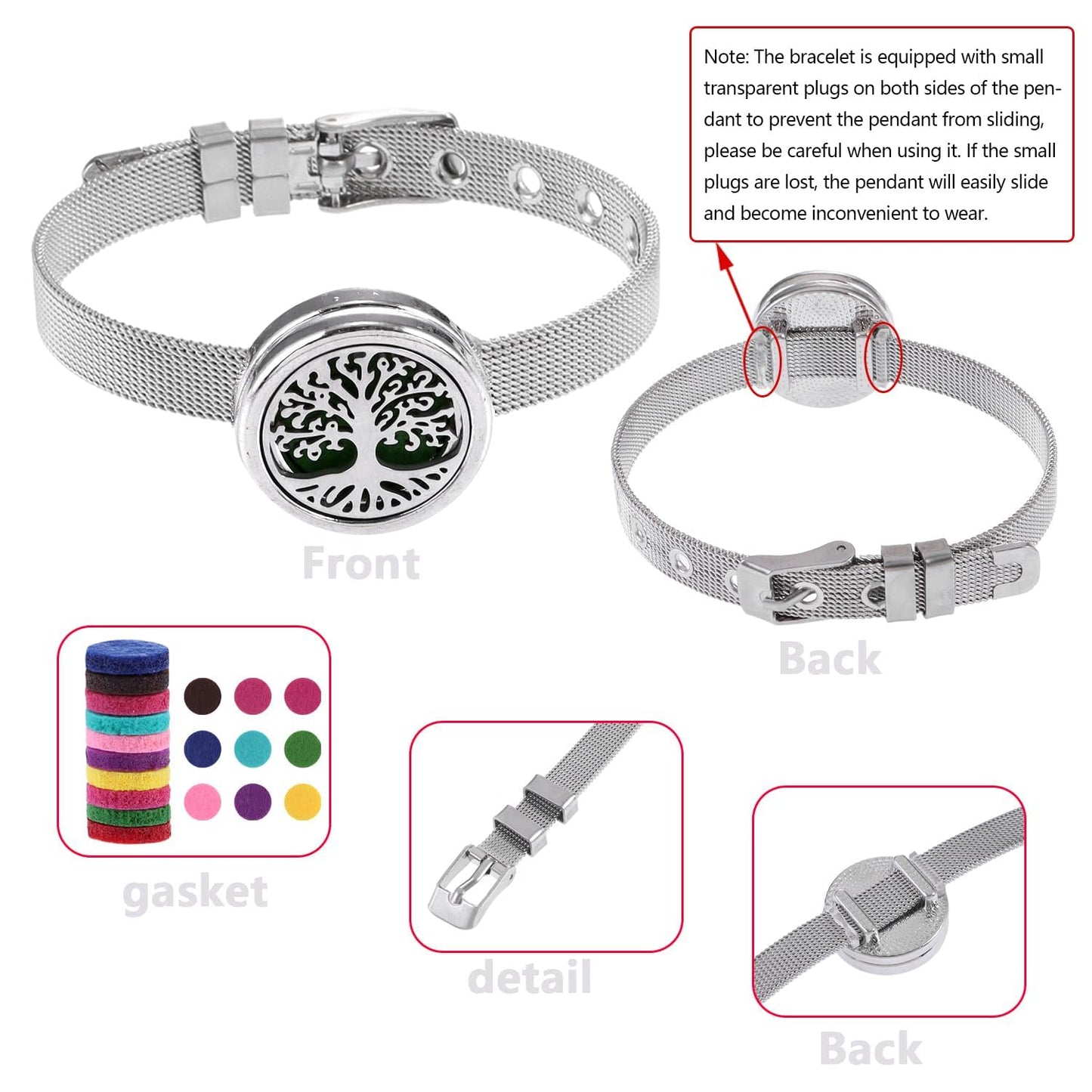 Essential Oil Diffuser Bracelet with Gift Box Aromatherapy Locket Adjustable Stainless Steel Tree of Life Watch Chain Bracelet with 10 Pcs Refill Pads for Women