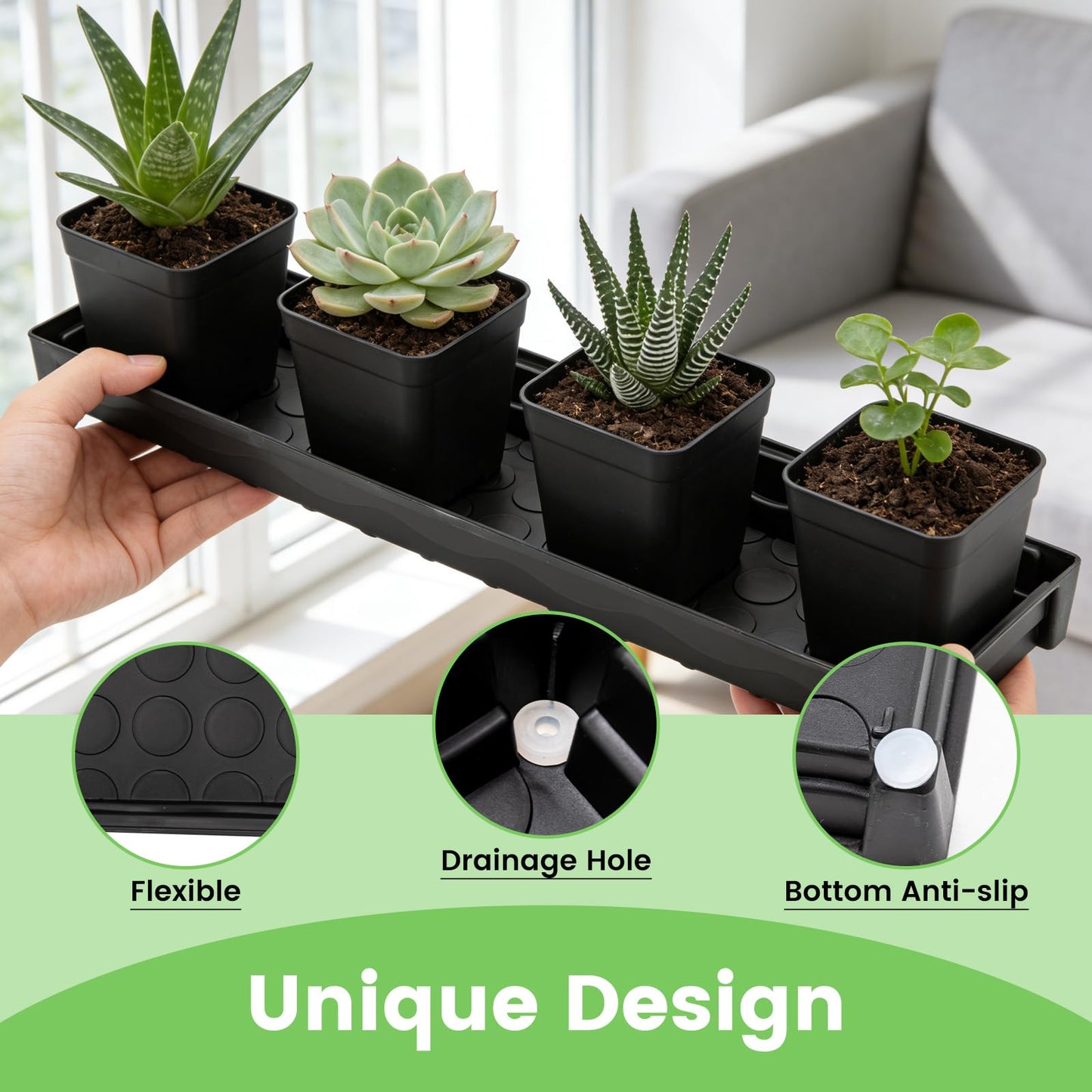BKIELLT 5 Pack Plant Saucer Growing Tray, Rectangular Windowsill Plant Pot Trays with Removable Drainage Hole, Seed Starter Tray Plastic Plant Drainage Saucers for 4 inch Flower Seedling Pots