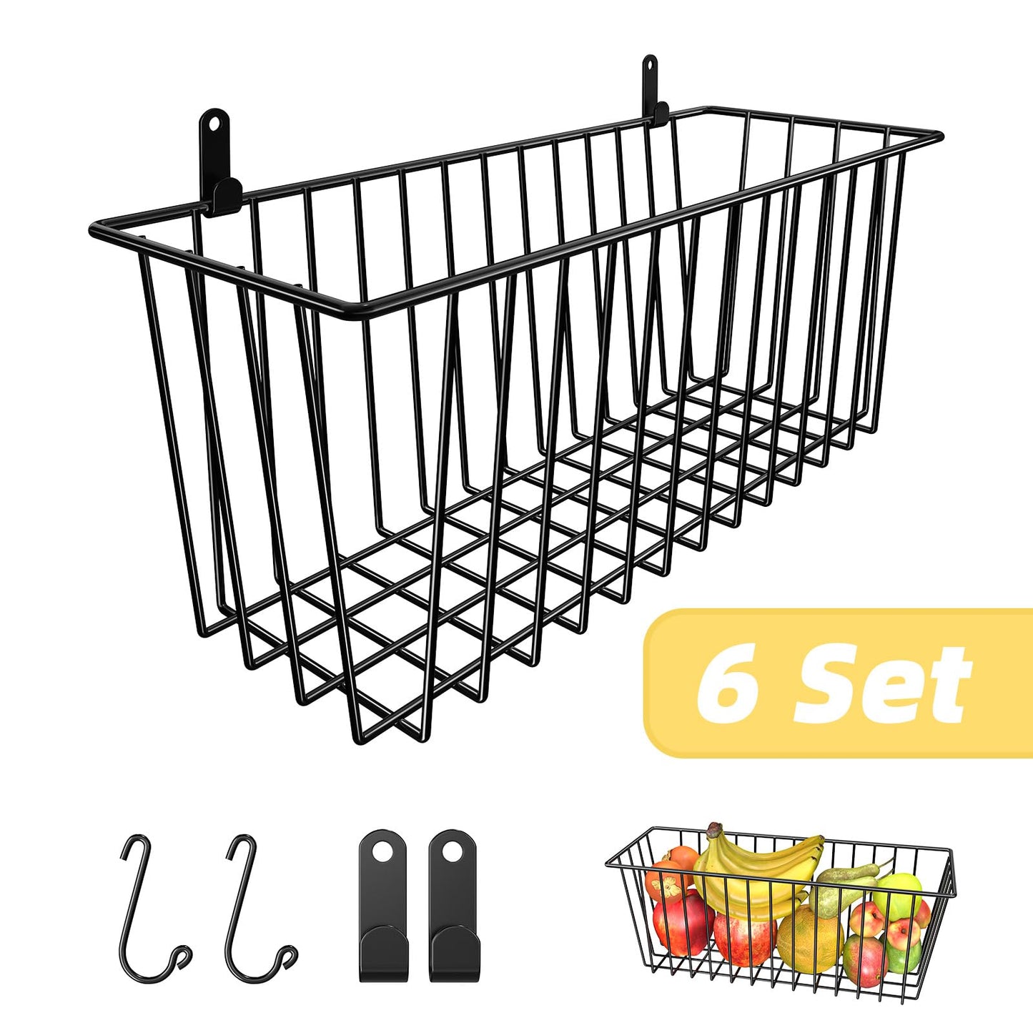 Simple Trending 6 Pack Wire Basket Wall Mount Baskets Hanging Baskets, Cabinets Organizer and Storage with Hooks for Kitchen, Garage and Bathroom